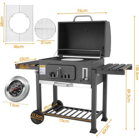 Barbecue Charbon XXL TLSUNNY – Pratique, Robuste et Mobile – 152 x 136 x 60 cm